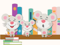 Cartoon image of three mice on a book shelf, with books