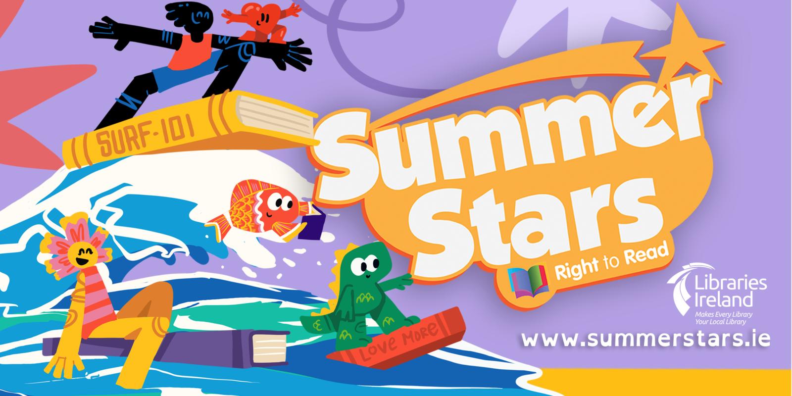 Illustration for Summer Stars 2024 showing colourful character surfing on a wave with books as surf boards